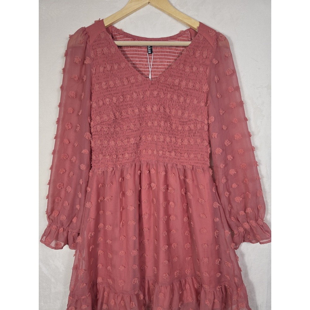 NWT BTFBM Women Medium Pink Swiss Dot Smocked V Neck Long Sleeve Mini Dress - Picture 4 of 12